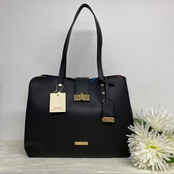 Trina Turk Purse Handbag Satchel Bag Solid Black Noir Floral Lining NWT - Picture 1 of 10